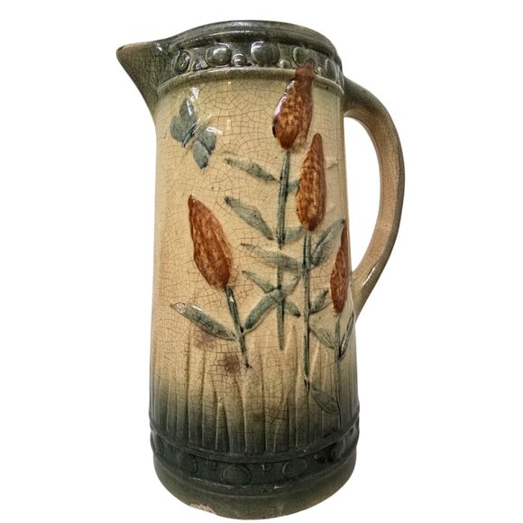 9.5" Vintage Roseville Golden Rod Pitcher Cattails & Butterfly Pottery - Picture 4 of 8